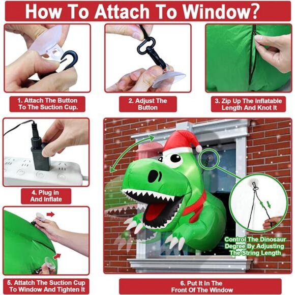 3.5 Ft Christmas Inflatable Decor Santa Dinosaur Broke Out from Window with LED - Picture 4 of 7